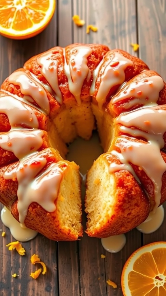 Golden-brown orange monkey bread drizzled with glaze, served on a wooden table with orange slices.